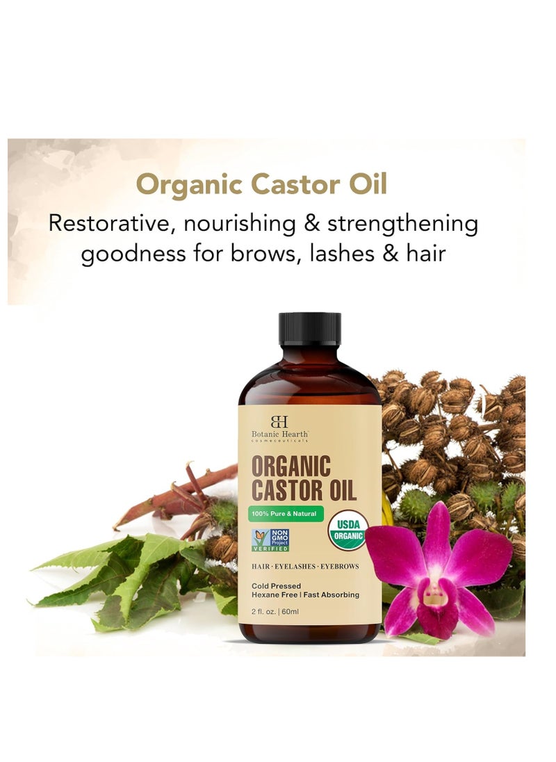Botanic Hearth Castor Oil (2 fl oz) | USDA Certified Organic | 100% Pure & Hexane Free | Cold Pressed |Promotes Growth for Eyelashes, Eyebrows & Hair | Includes Eyebrow & Eyelash Brush