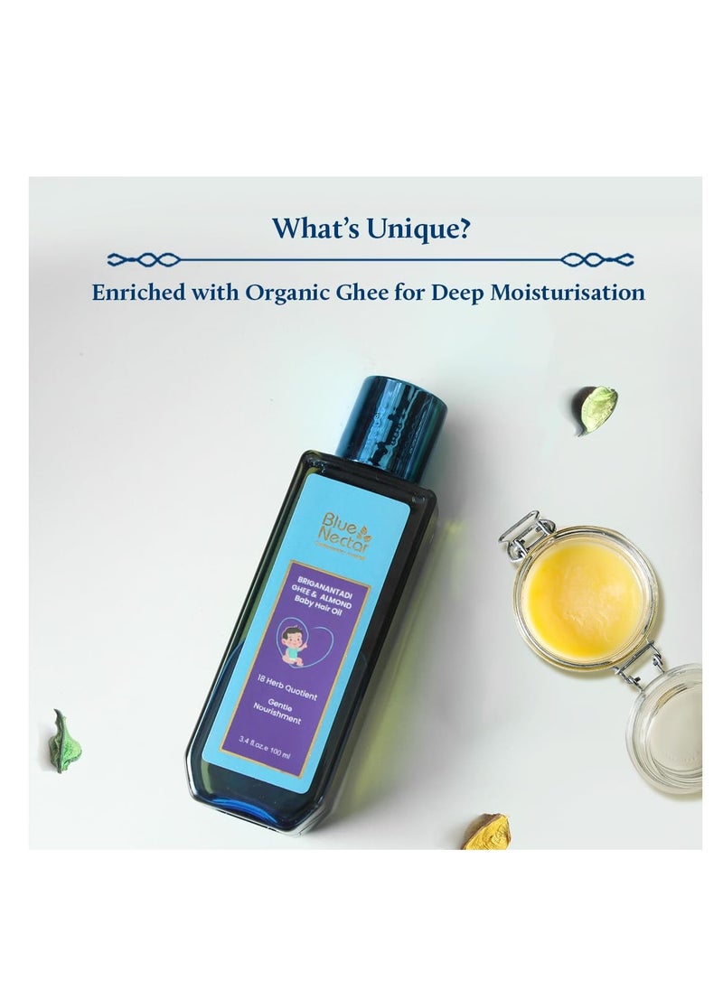 Blue Nectar Ayurvedic Baby Hair Oil with Organic Ghee, Almond Oil, Coconut Oil & Olive Oil for Hair and Scalp(18 Herbs, 3.38 Fl Oz)