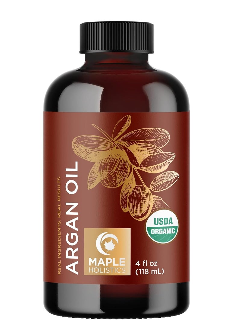 Certified Organic Argan Oil for Hair Skin & Nails - 100% Pure Moroccan Argan Oil Organic Cold Pressed and Unrefined - Fast Absorbing Hair Body and Face Moisturizer plus Beauty DIYs (4 Fl Oz)