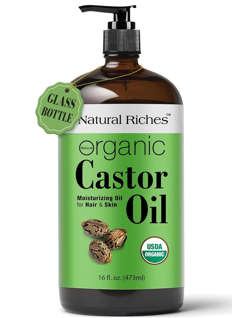 Natural Riches Organic Unrefined Castor Oil Cold pressed Glass Bottle USDA certified for Dry Skin Hair Loss Dandruff Thicker Hair - Moisturizes heals Scalp Skin Thicker Eyelashes Eyebrows 16 fl oz