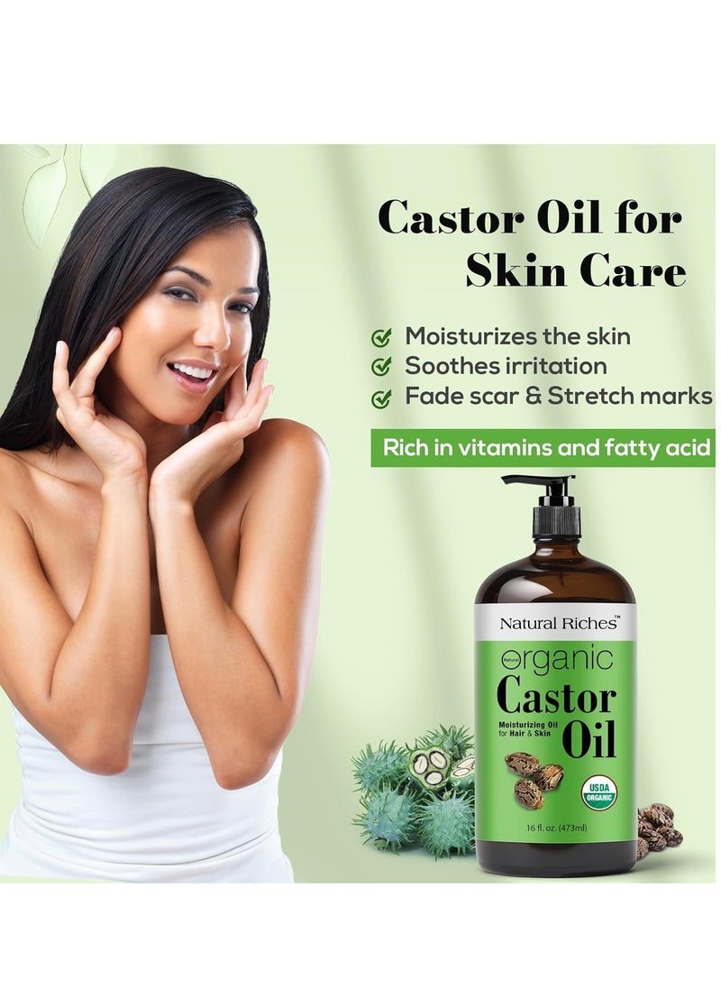 Natural Riches Organic Unrefined Castor Oil Cold pressed Glass Bottle USDA certified for Dry Skin Hair Loss Dandruff Thicker Hair - Moisturizes heals Scalp Skin Thicker Eyelashes Eyebrows 16 fl oz