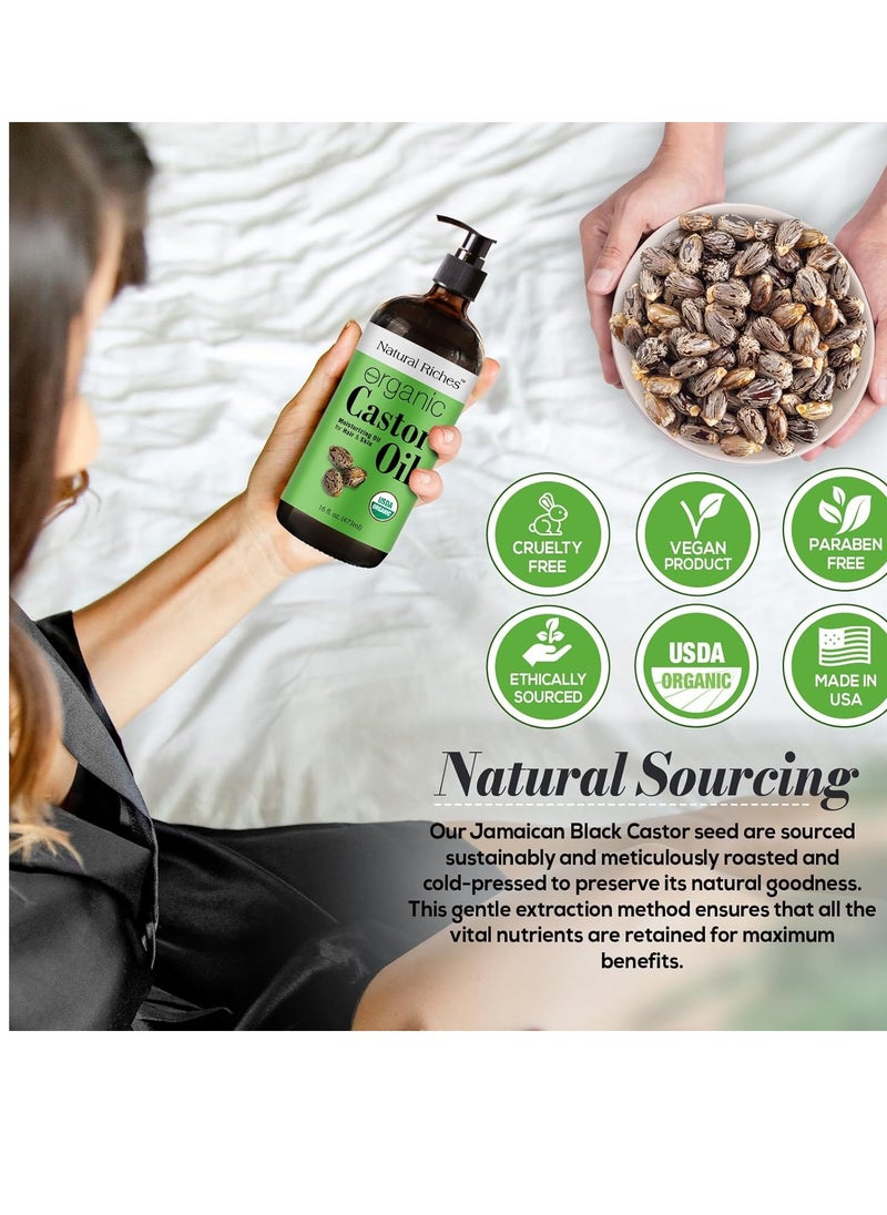 Natural Riches Organic Unrefined Castor Oil Cold pressed Glass Bottle USDA certified for Dry Skin Hair Loss Dandruff Thicker Hair - Moisturizes heals Scalp Skin Thicker Eyelashes Eyebrows 16 fl oz
