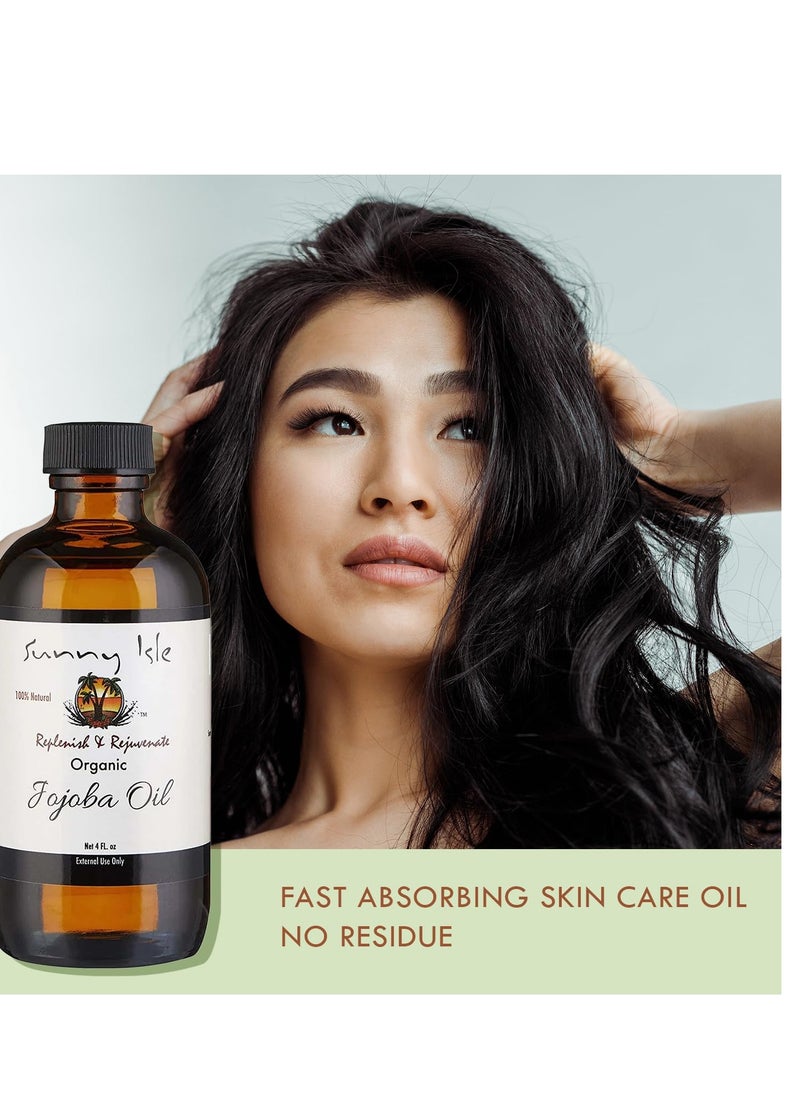 Sunny Isle Organic Jojoba Oil 4oz | 100 Pure | Moisturizing for Hair, Face, Skin & Nails | Natural Cold-Pressed | Base Carrier Oil