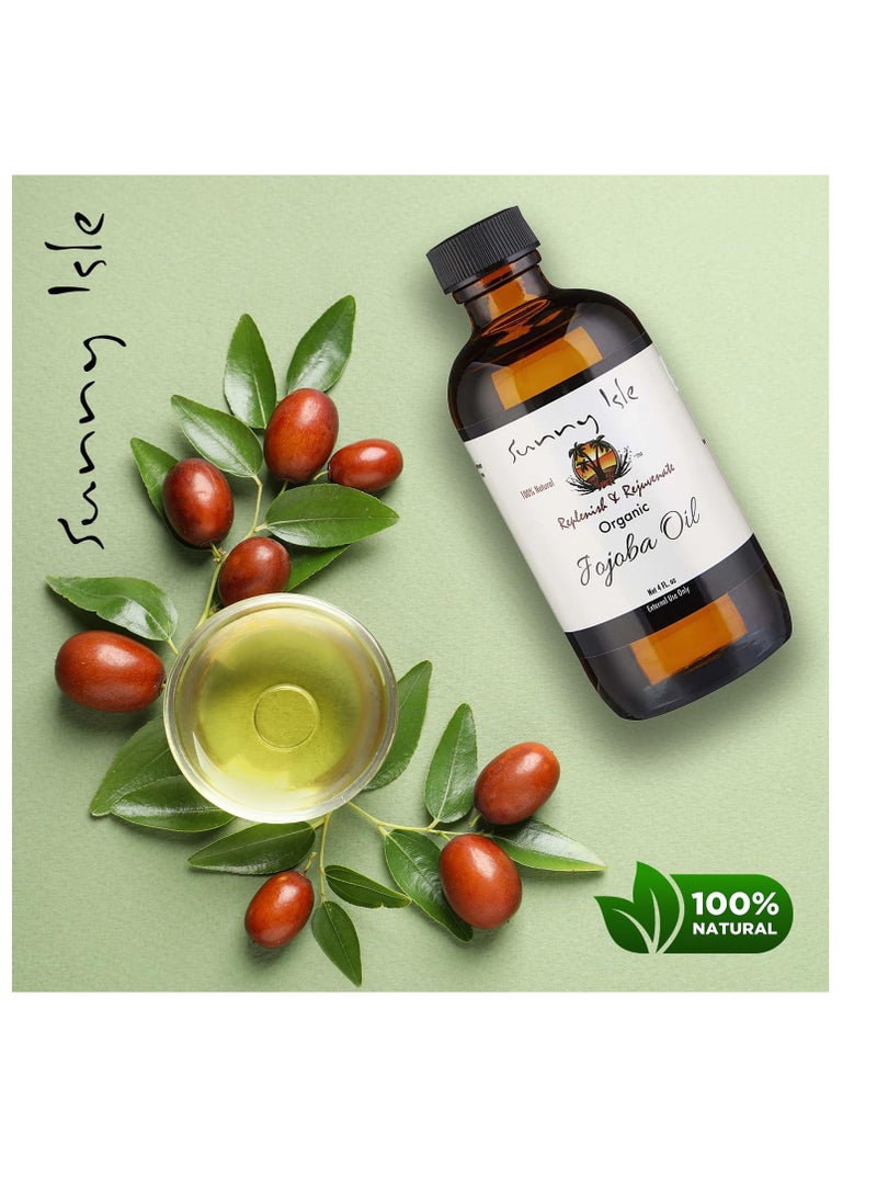 Sunny Isle Organic Jojoba Oil 4oz | 100 Pure | Moisturizing for Hair, Face, Skin & Nails | Natural Cold-Pressed | Base Carrier Oil