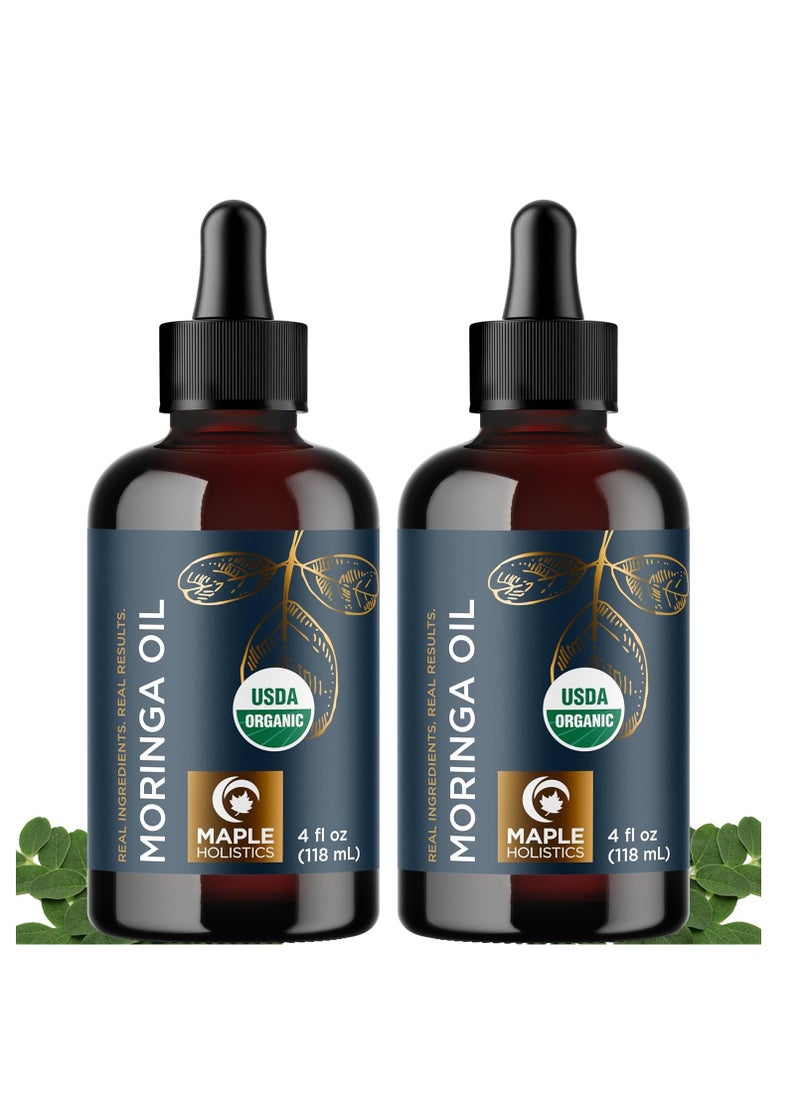 Organic Moringa Oil for Hair and Skin - Cold Pressed Virgin Unrefined Natural Pure USDA Organic Hair Oil for Dry Damaged Hair and Ultra Hydrating Face Oil - Carrier Oil for Essential Oils (2 Pack)