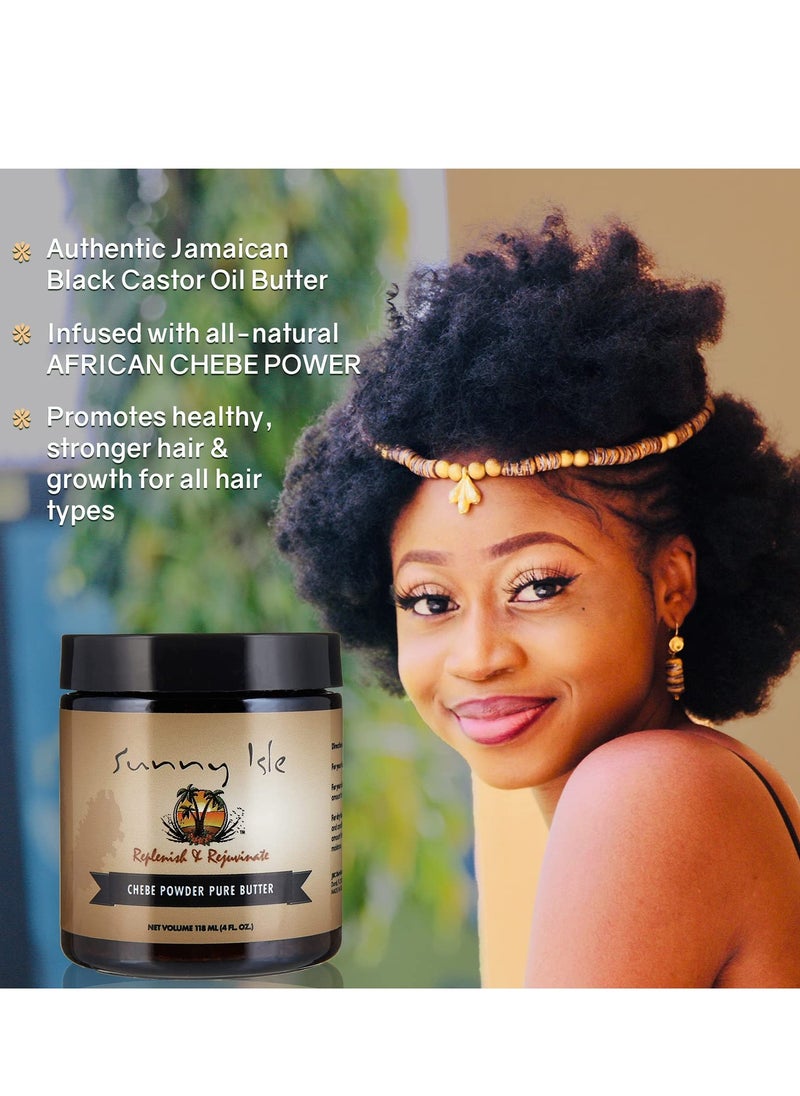 Sunny Isle Jamaican Black Castor Oil Pure Butter with African Chebe Powder 4oz | for Longer, Stronger Hair | Hair & Skin Moisturizer for All Types