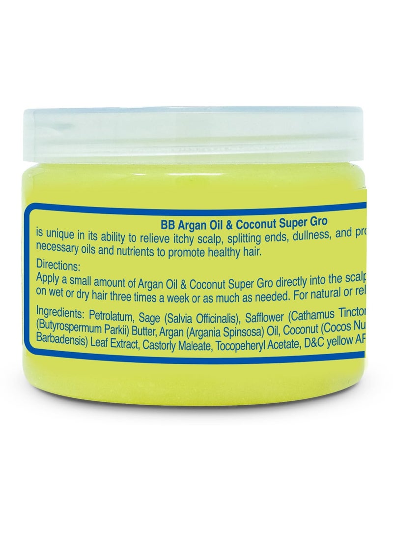 Bronner Bros Argan Oil & Coconut Super Gro - Hair Gel for Dry Itchy Scalp Treatment, Moisturizer, Reduces Dryness & Split-Ends - Made with Vitamin A, E, D, Sage, Argan Oil & Coconut Oil - 6 oz