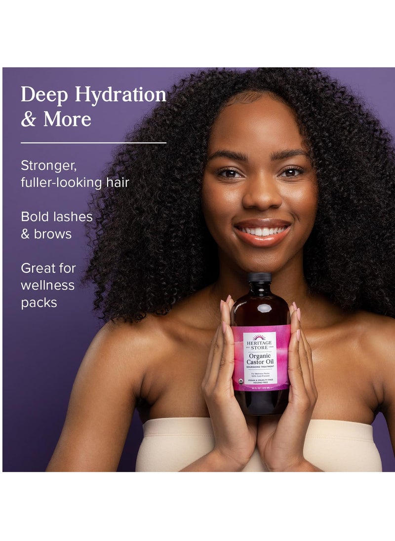 HERITAGE STORE Organic Castor Oil - Nourishing Treatment for Hair and Skin - Nutrient-Packed Hair Oil, Lash Serum for Eyelashes and Brows, Castor Oil Packs, Cold Pressed, Hexane Free, Vegan, 32oz
