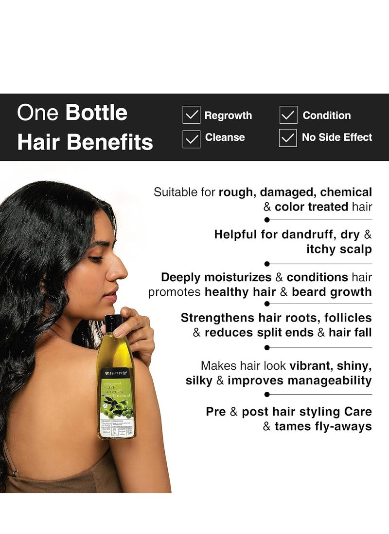 Soulflower Olive Hair Oil, Hair Growth, Skin, Face Massage, Nourishment & Moisturization, Fine Lines & Wrinkles, Strengthen Hair Roots, 100% Pure, Natural & Cold-Pressed, Olive Fruit, Vitamin E, 225ml