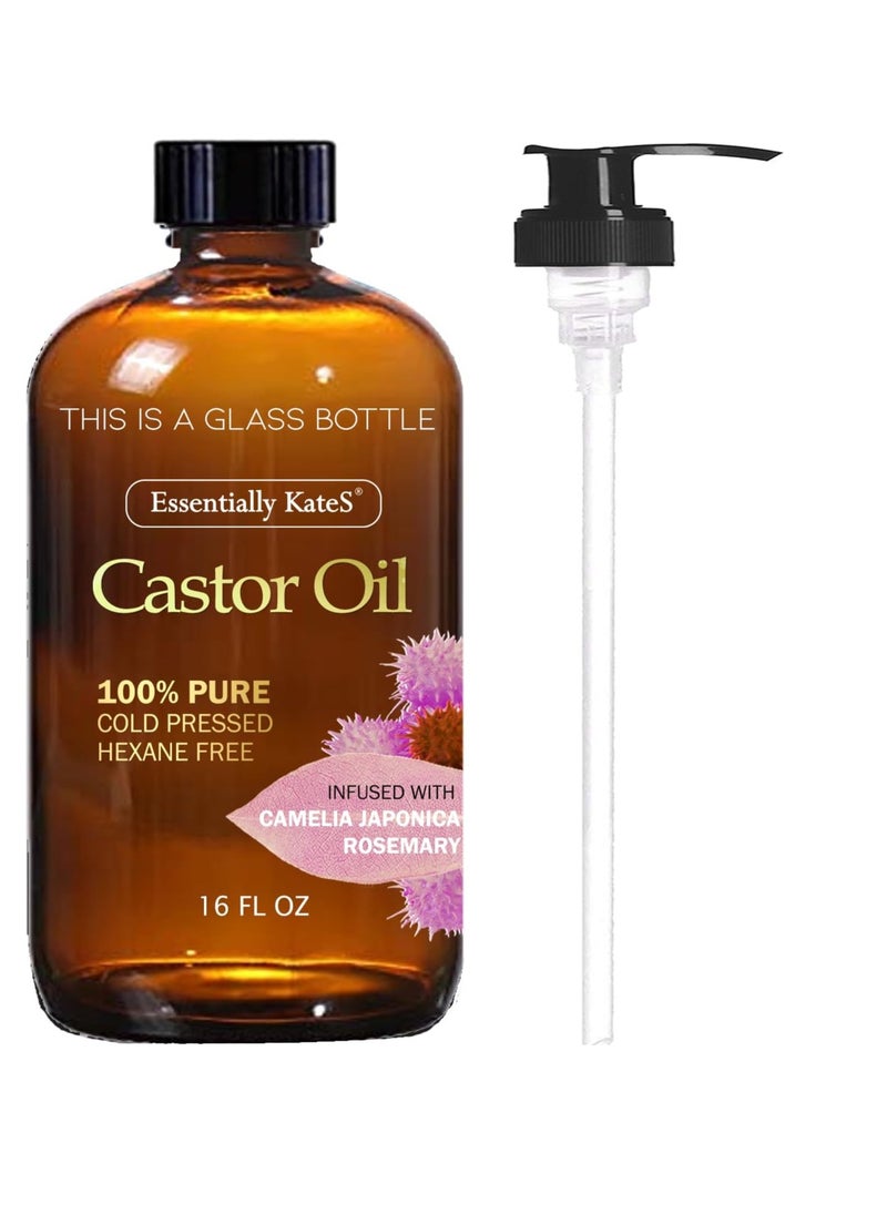 Castor Oil 16 Fl Oz (Glass Bottle) - Camelia Japonica + Rosemary - A Huge Glass Bottle with a Pump - 100% Pure and Natural, Cold Pressed, and Hexane-Free - Hair Oil, Body Oil