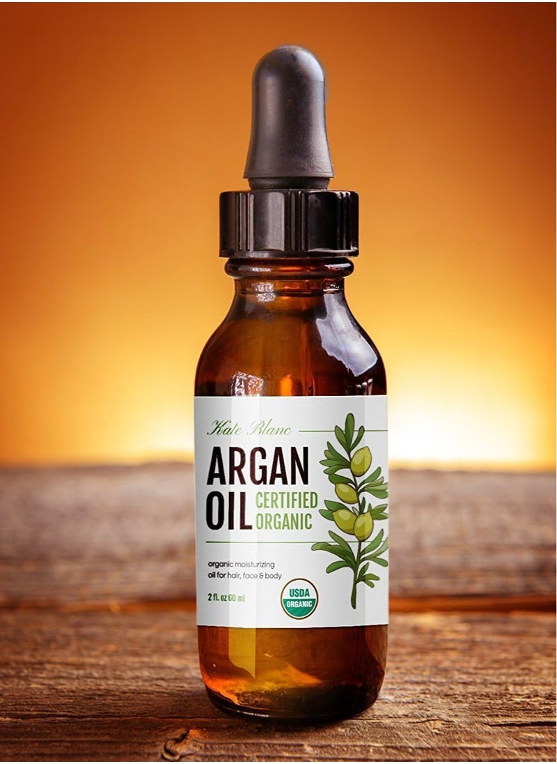 Kate Blanc Cosmetics Argan Oil for Hair, Face & Skin from Morocco. Promotes Hair Growth (2oz, USDA Certified Organic, Cold Pressed & 100% Pure, Light)
