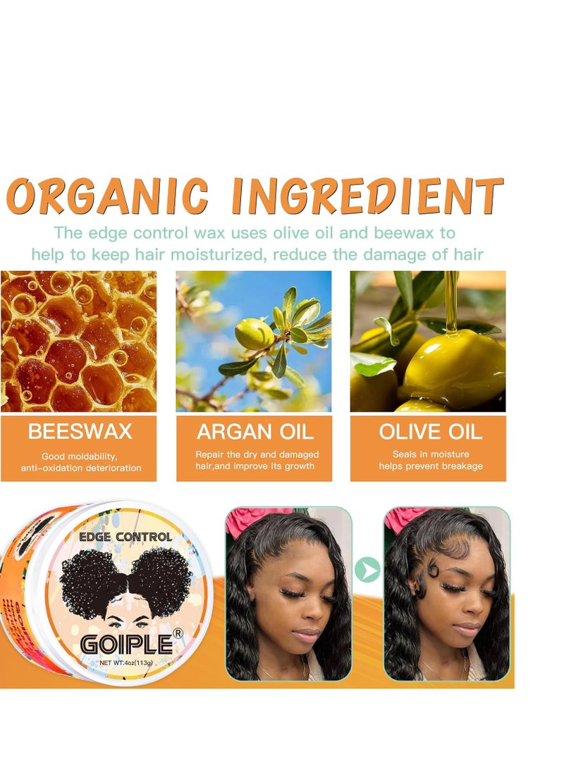 Goiple set - Natural Chebe Oil Moisturizer for Hair Growth, Scalp & All Hair Types - 2 Fl Oz and Edge Control Wax for Women Strong Hold - 4 Oz along with 1pc elastic bands for wig, 1pc rail tall comb, 1pc double-sided edge brush and 1pc bristle brush