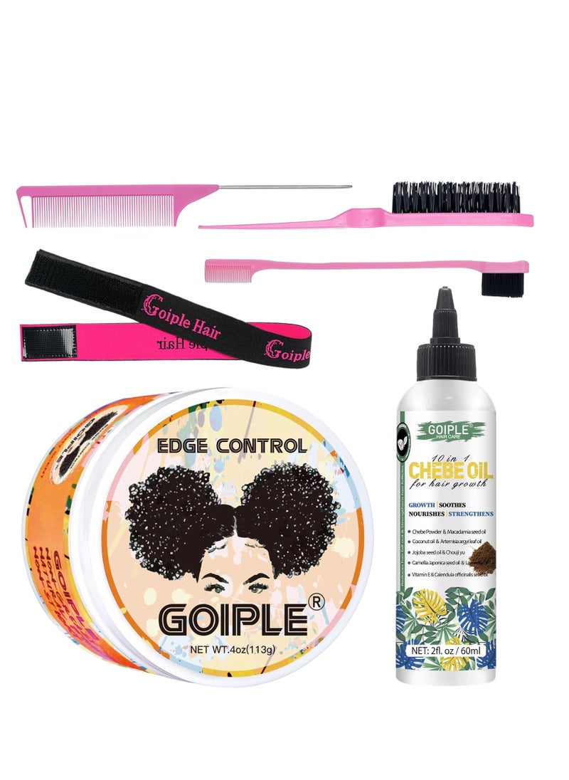 Goiple set - Natural Chebe Oil Moisturizer for Hair Growth, Scalp & All Hair Types - 2 Fl Oz and Edge Control Wax for Women Strong Hold - 4 Oz along with 1pc elastic bands for wig, 1pc rail tall comb, 1pc double-sided edge brush and 1pc bristle brush