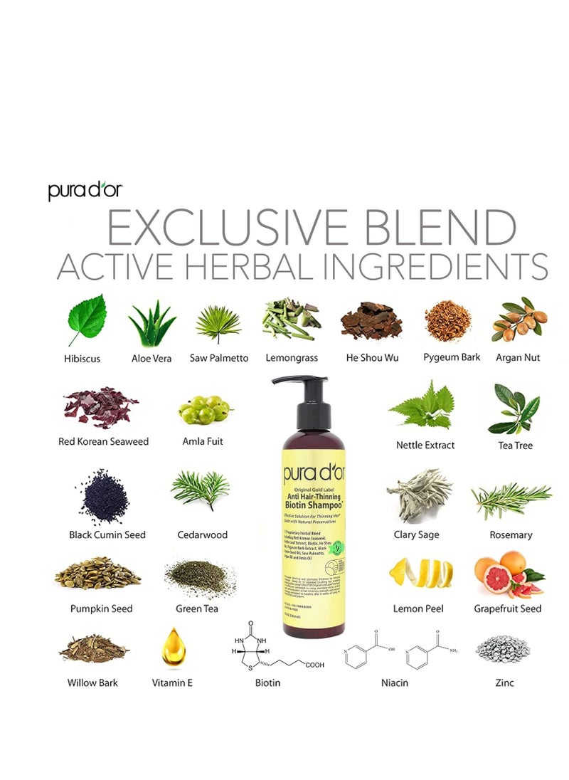 PURA D'OR 8 Oz Original Gold Label Anti-Thinning Biotin Shampoo Natural Earthy Scent, CLINICALLY TESTED Effective Results, Herbal DHT Blocker Hair Thickening Products, Women & Men, Color Treated Hair
