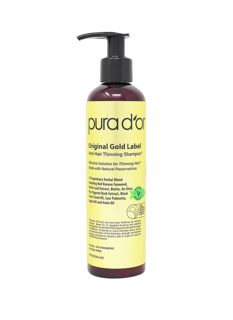 PURA D'OR 8 Oz Original Gold Label Anti-Thinning Biotin Shampoo Natural Earthy Scent, CLINICALLY TESTED Effective Results, Herbal DHT Blocker Hair Thickening Products, Women & Men, Color Treated Hair