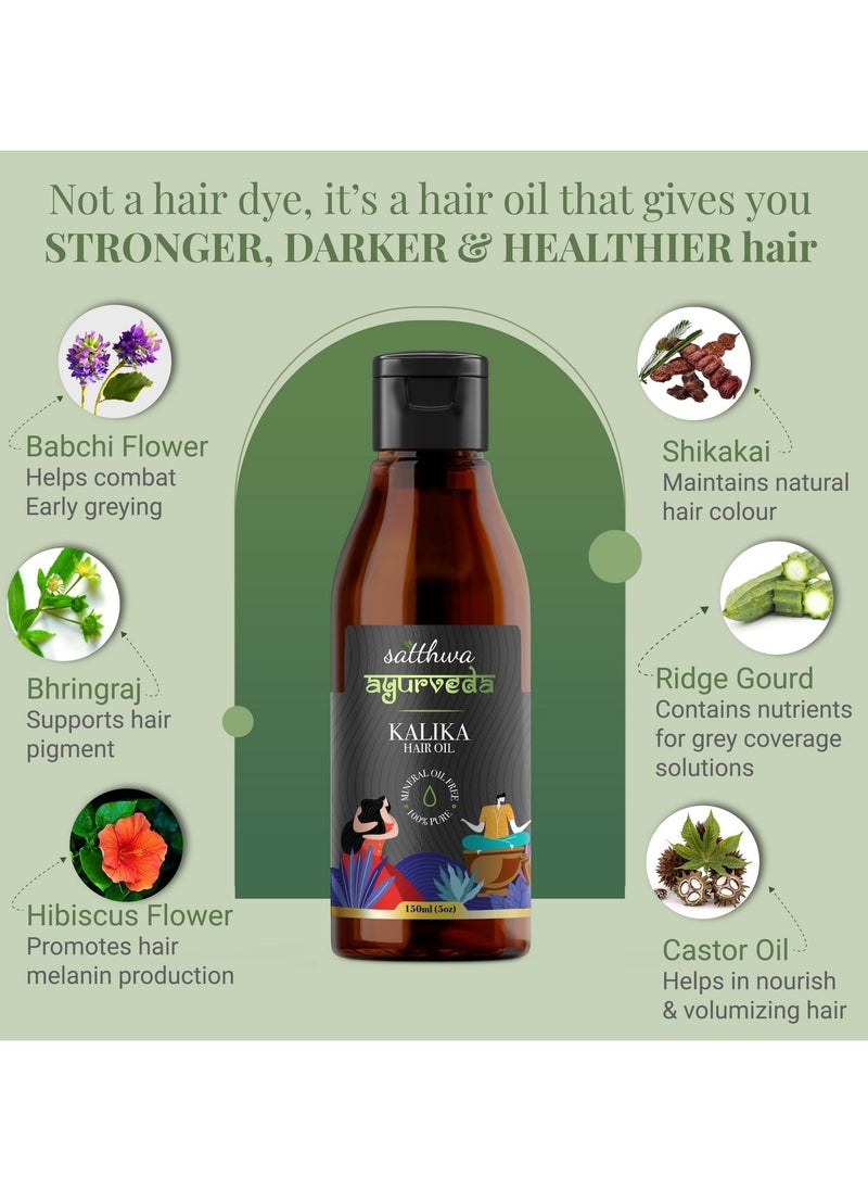 Satthwa Kalika Hair Oil, 150Ml Ayurvedic Anti-Grey Solution For Unisex With Ridge Gourd, Hibiscus, Bhringraj For Darkening Hair, Delays Greying, Strengthens, Adds Shine & Reduces Hair Fall