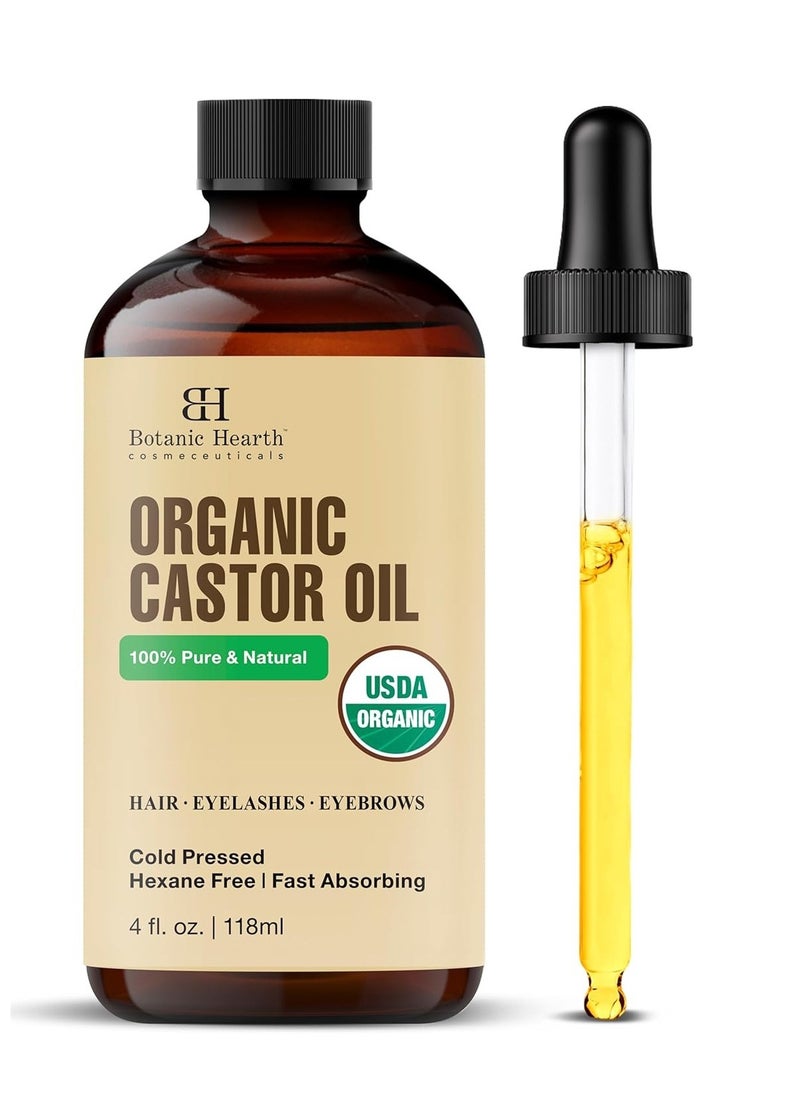 Botanic Hearth Castor Oil (4 fl oz) | USDA Certified Organic | 100% Pure & Hexane Free | Cold Pressed | Promotes Growth for Eyelashes, Eyebrows & Hair | Includes Eyebrow & Eyelash Brush