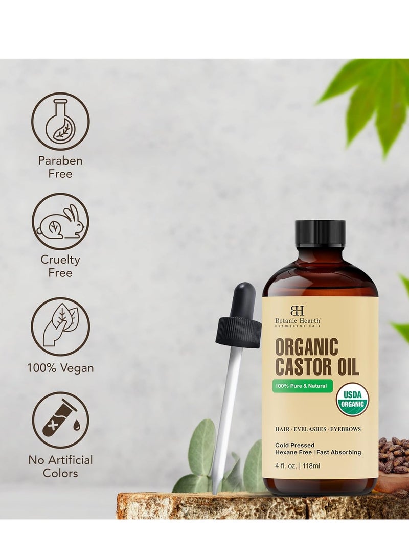 Botanic Hearth Castor Oil (4 fl oz) | USDA Certified Organic | 100% Pure & Hexane Free | Cold Pressed | Promotes Growth for Eyelashes, Eyebrows & Hair | Includes Eyebrow & Eyelash Brush