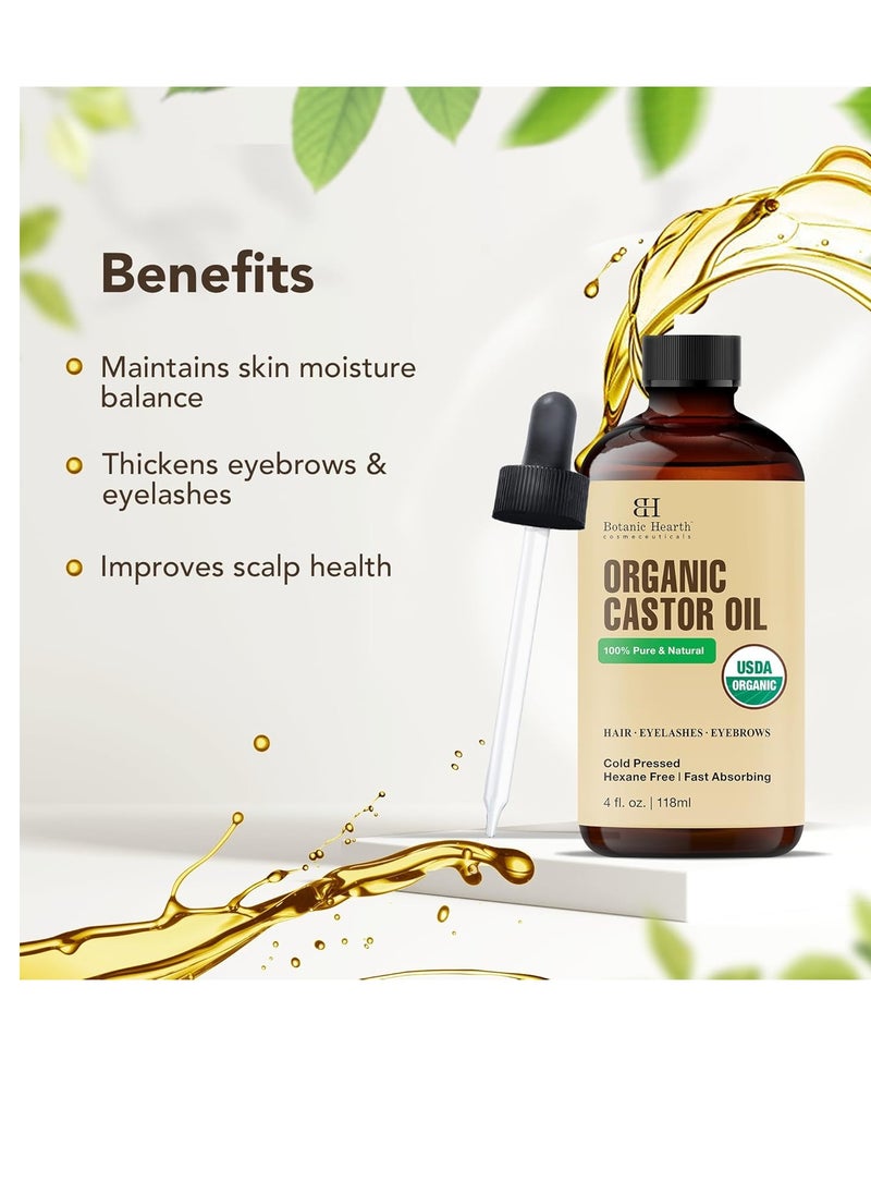 Botanic Hearth Castor Oil (4 fl oz) | USDA Certified Organic | 100% Pure & Hexane Free | Cold Pressed | Promotes Growth for Eyelashes, Eyebrows & Hair | Includes Eyebrow & Eyelash Brush