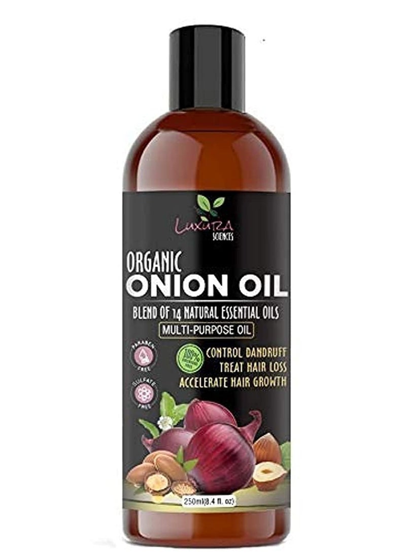 Luxura Sciences 250 ML Onion Hair Oil with 14 Essential Oils, Multi-Purpose Hair Oil/Serum with Argan, Bhringraj, Hibiscus, Sesame,Amla,Sweet Almond, Olive