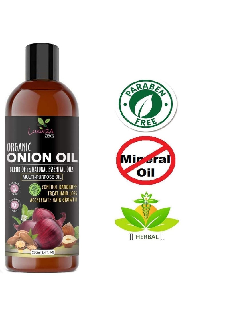 Luxura Sciences 250 ML Onion Hair Oil with 14 Essential Oils, Multi-Purpose Hair Oil/Serum with Argan, Bhringraj, Hibiscus, Sesame,Amla,Sweet Almond, Olive