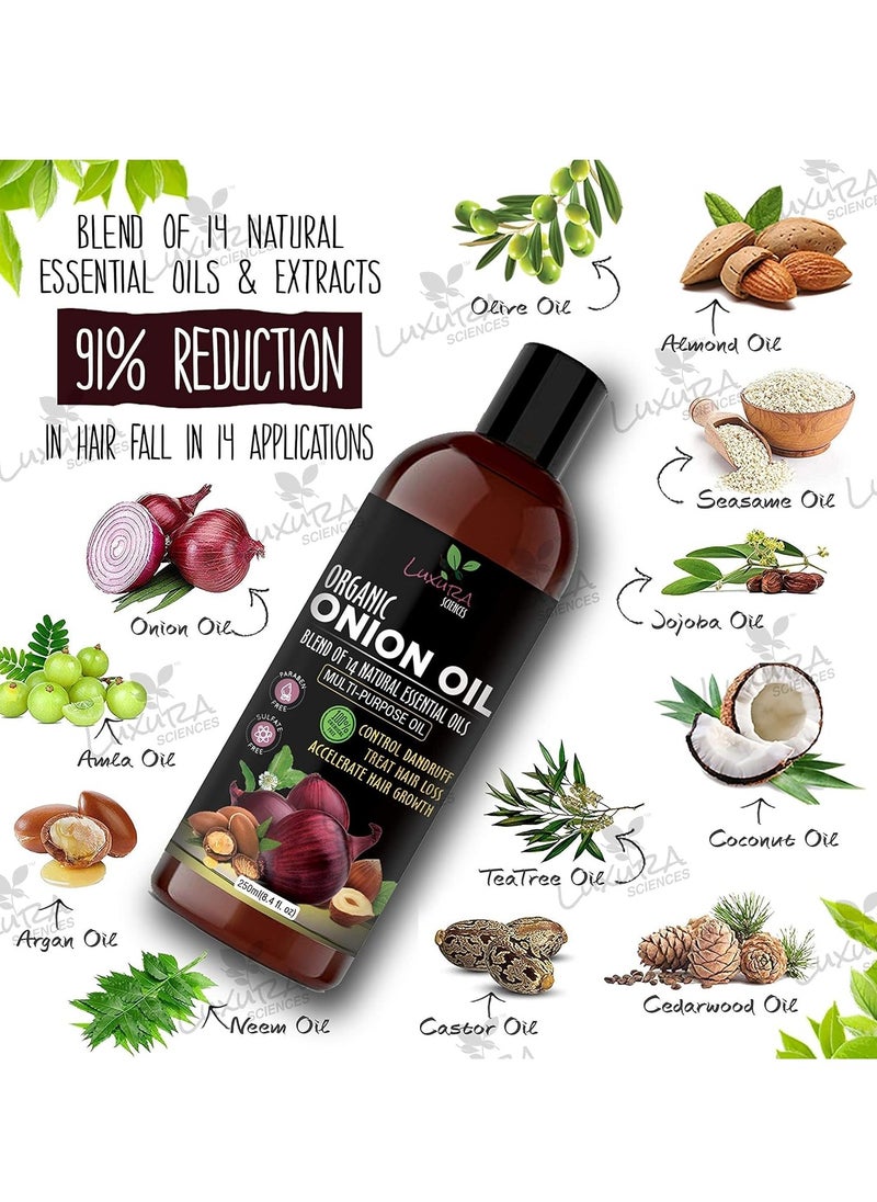 Luxura Sciences 250 ML Onion Hair Oil with 14 Essential Oils, Multi-Purpose Hair Oil/Serum with Argan, Bhringraj, Hibiscus, Sesame,Amla,Sweet Almond, Olive