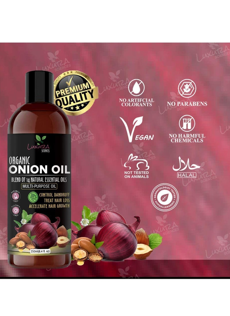 Luxura Sciences 250 ML Onion Hair Oil with 14 Essential Oils, Multi-Purpose Hair Oil/Serum with Argan, Bhringraj, Hibiscus, Sesame,Amla,Sweet Almond, Olive