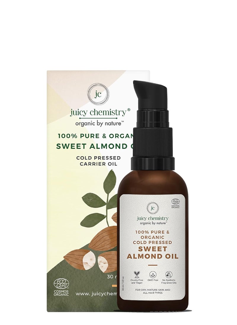 Juicy Chemistry Sweet Almond Oil, 30 ml Organic Carrier Oil for Dry & Frizzy Hair, Cold Pressed Almond Oil for Glowing Skin