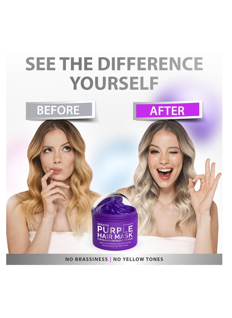 Sunatoria New Keratin Purple Hair Mask- Blonde Hair Purple Toner - Repair & Nourishment Treatment For Bleached, Brassy Hair - Blue Hair Mask, No Yellow Tones - Deep Conditioner For Color Treated Locks