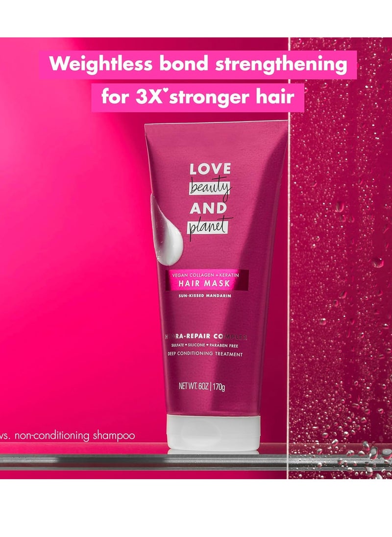 Love Beauty and Planet Hair Mask Deep Conditioning Treatment Vegan Collagen + Keratin & Sun-Kissed Mandarin for Damaged, Fragile Hair Sulfate-free, Silicone-free, & Paraben-Free 6 oz