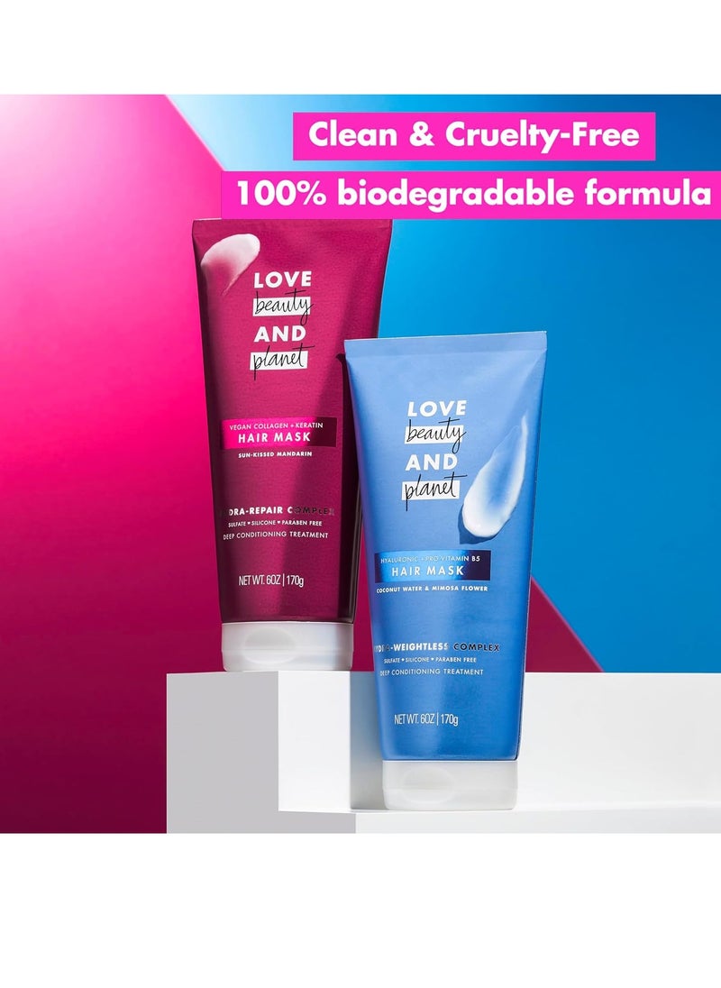 Love Beauty and Planet Hair Mask Deep Conditioning Treatment Vegan Collagen + Keratin & Sun-Kissed Mandarin for Damaged, Fragile Hair Sulfate-free, Silicone-free, & Paraben-Free 6 oz