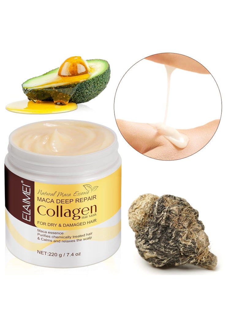 Collagen Hair Treatment Mask, Maca Moroccan Argan Oil Hair Treatment Masks with Avocado Oil, Collagen Deep Conditioning Hair Mask, For Dry/Damaged/Color-Treated Hair, 7.4 Fl Oz