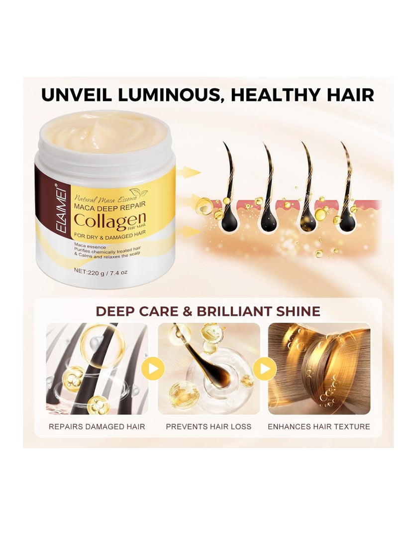 Collagen Hair Treatment Mask, Maca Moroccan Argan Oil Hair Treatment Masks with Avocado Oil, Collagen Deep Conditioning Hair Mask, For Dry/Damaged/Color-Treated Hair, 7.4 Fl Oz