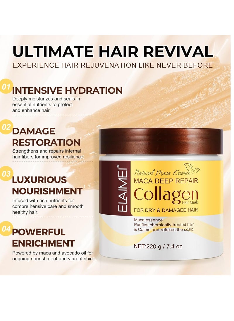 Collagen Hair Treatment Mask, Maca Moroccan Argan Oil Hair Treatment Masks with Avocado Oil, Collagen Deep Conditioning Hair Mask, For Dry/Damaged/Color-Treated Hair, 7.4 Fl Oz