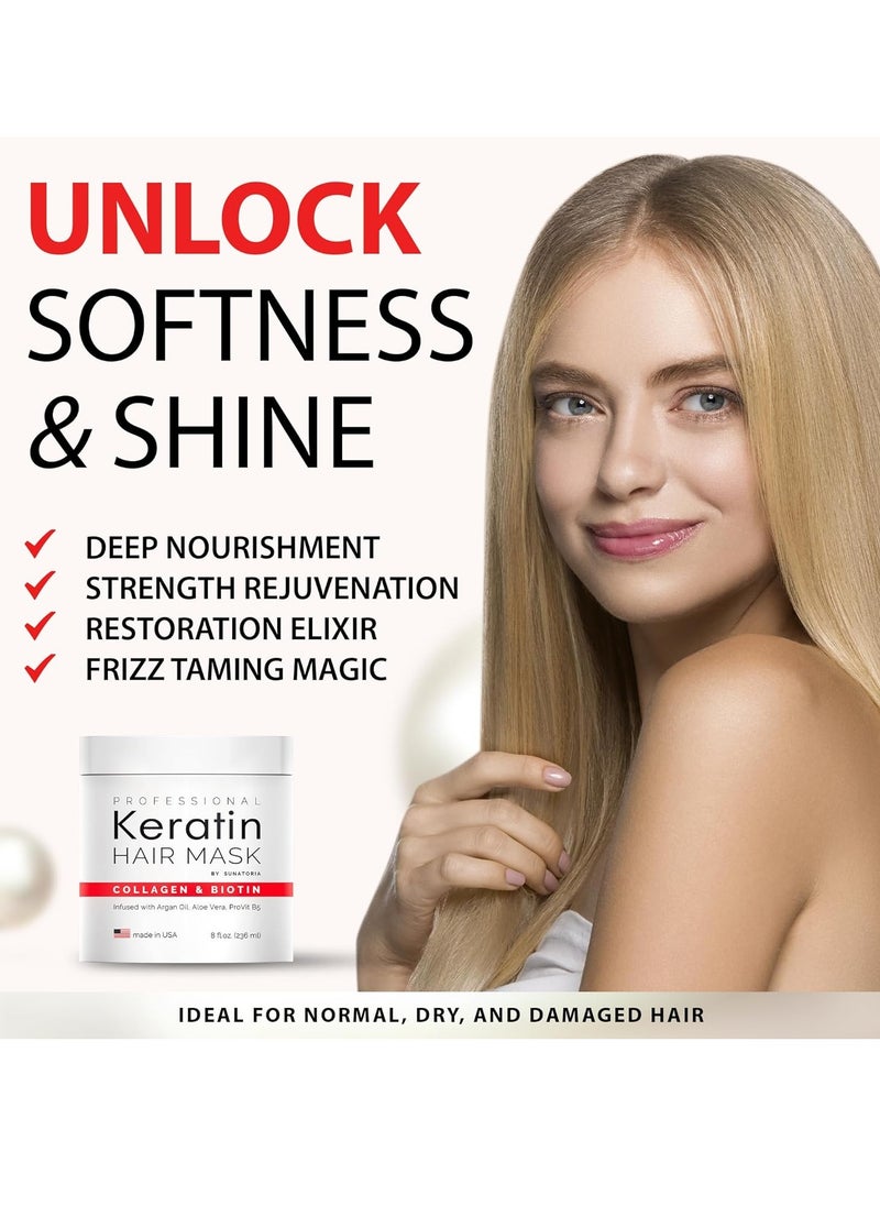 Professional Keratin Hair Mask - Made in USA - Nourishment Treatment for Hair Repair & Beauty - Biotin Collagen Coconut Oil & Pro-Vitamin B5 Protein Mask - Hair Vitamin Complex