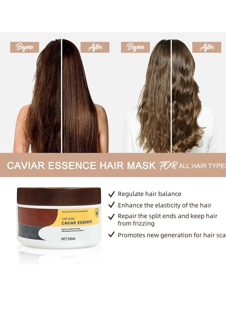 Caviar Essence Hair Mask, Collagen Hair Mask Hair Treatment Deep Repair Conditioning Argan Oil for Dry or Damaged Hair Enriched with Keratin and Vitamins Restores Shine and Softness 250ml(1PCS)