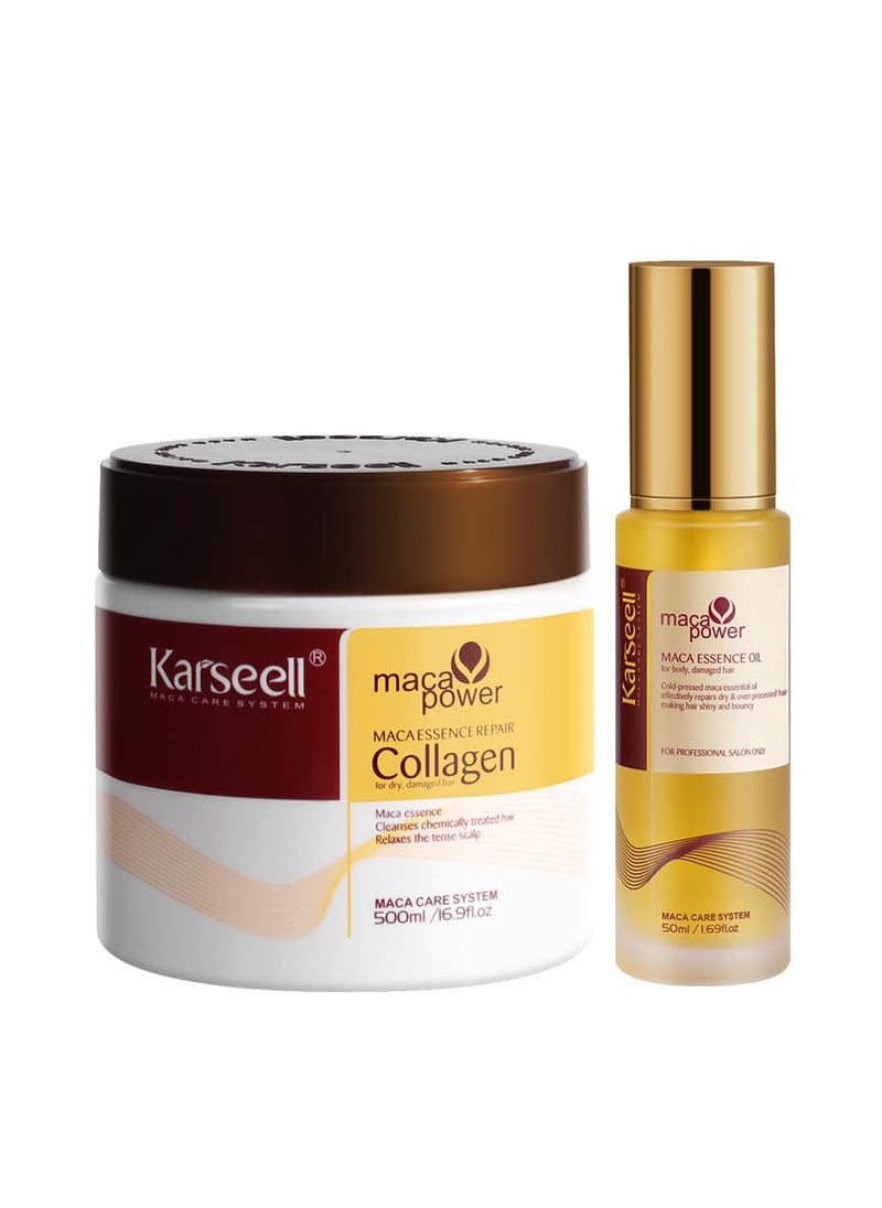 Karseell Collagen Hair Treatment Deep Repair Conditioning All Hair Types 16.90 oz 500ml + Argan Oil Hair Serum for Dry Damaged Hair 50ml