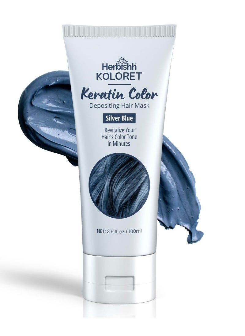 Herbishh Koloret Keratin Color Depositing Hair Mask 2-in-1 Deep Conditioner for Vibrant Hair, Revives Color, Ideal for Dry Damaged Hair Salon Worthy Shine at Home All Hair Types Silver Blue 3.5 fl oz