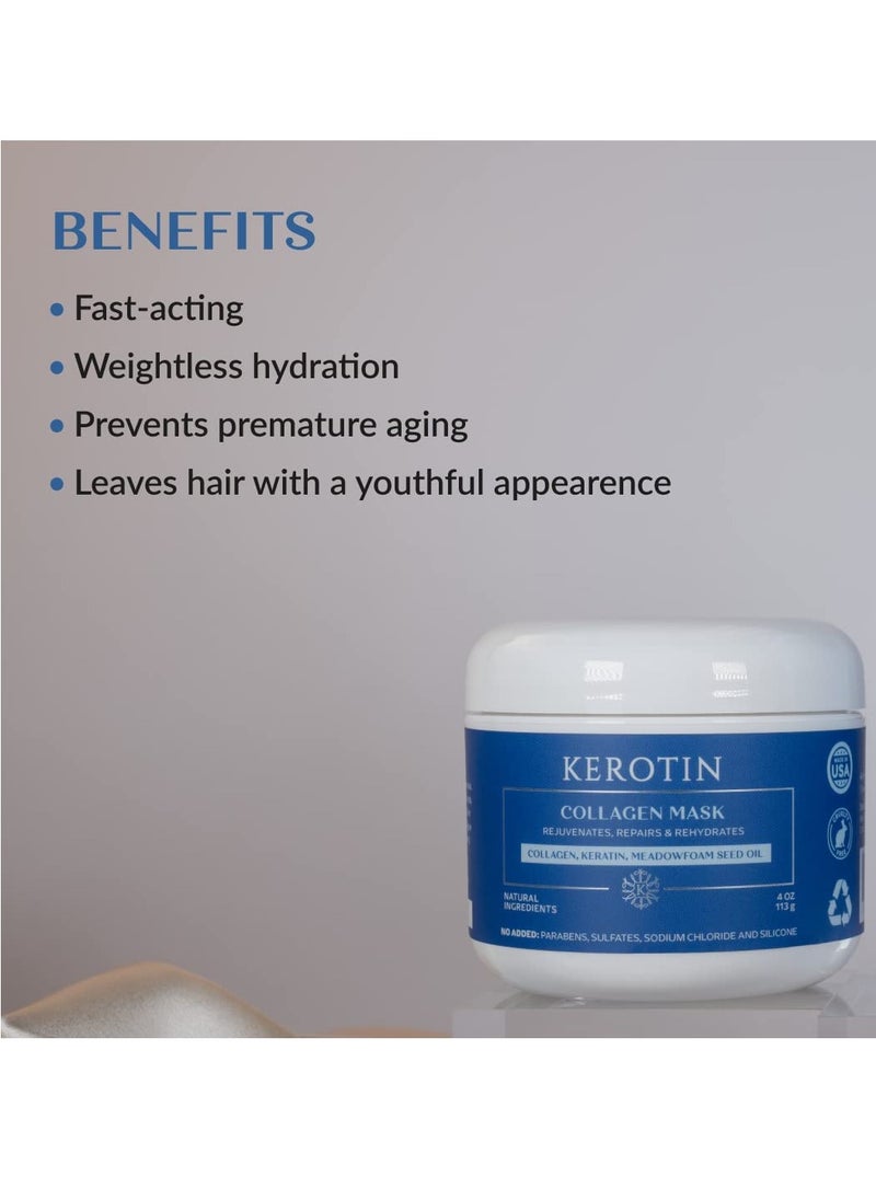 Kerotin Collagen Hair Mask - Hair Treatment Conditioner with Keratin, Collagen, and Vitamin E, Repair Damaged Hair, Prevent Breakage, and Control Frizz. Made in the USA (16 fl oz, 2 units)