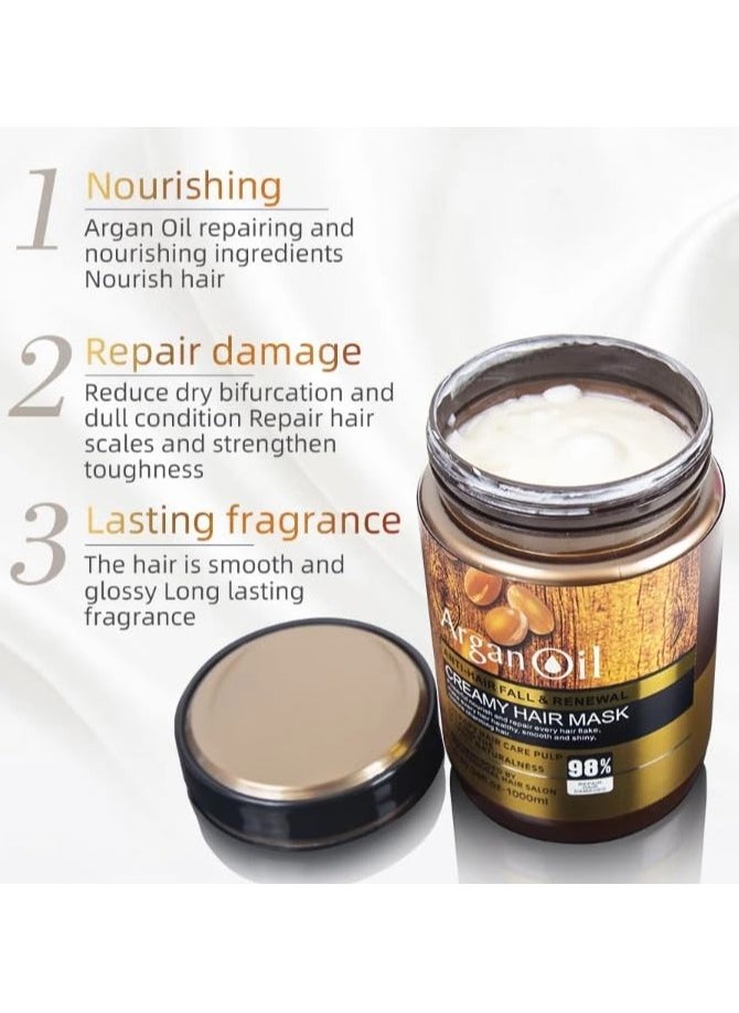 Argan Oil ANTI-HAIR FALL & RENEWAL CREAMY HAIR MASK Powertul nourish and repairevery hair make every hair healthy, smooth and shiny. restore charming hair. Mascarilla anti-caída del cabello 1000 ml