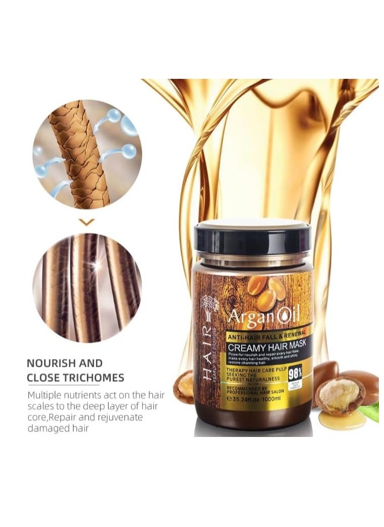 Argan Oil ANTI-HAIR FALL & RENEWAL CREAMY HAIR MASK Powertul nourish and repairevery hair make every hair healthy, smooth and shiny. restore charming hair. Mascarilla anti-caída del cabello 1000 ml