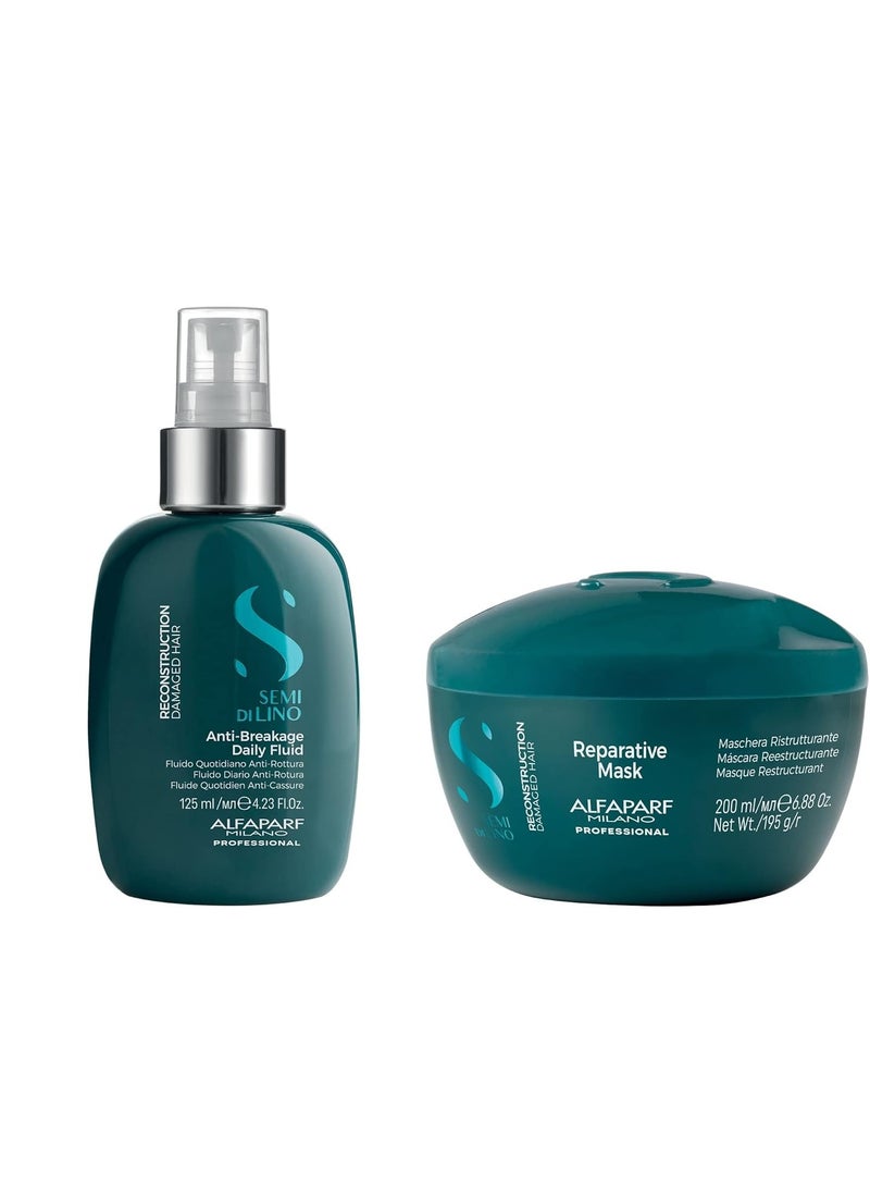 Alfaparf Milano Semi di Lino Reconstruction Reparative Mask and Anti-Breakage Fluid Set for Damaged Hair - Repairs, Reconstructs, Strengthens - Adds Shine and Softness