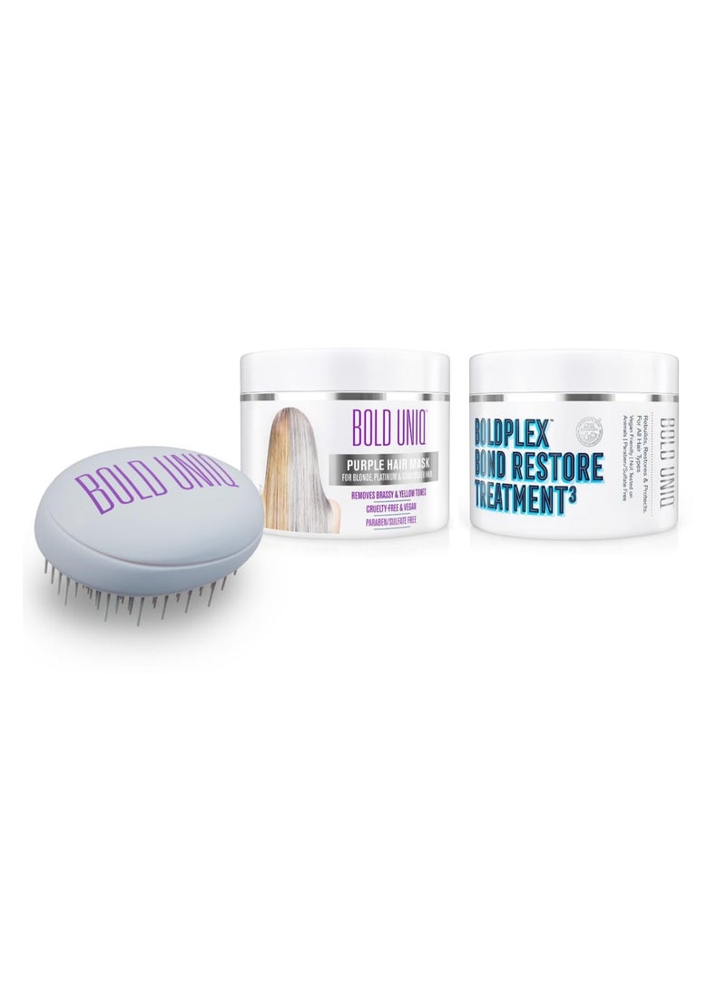 BOLD UNIQ Purple Hair Mask For Blond & BoldPlex 3 Bond Restore Treatment & Detangle Hair Brush For Wet & Dry Hair