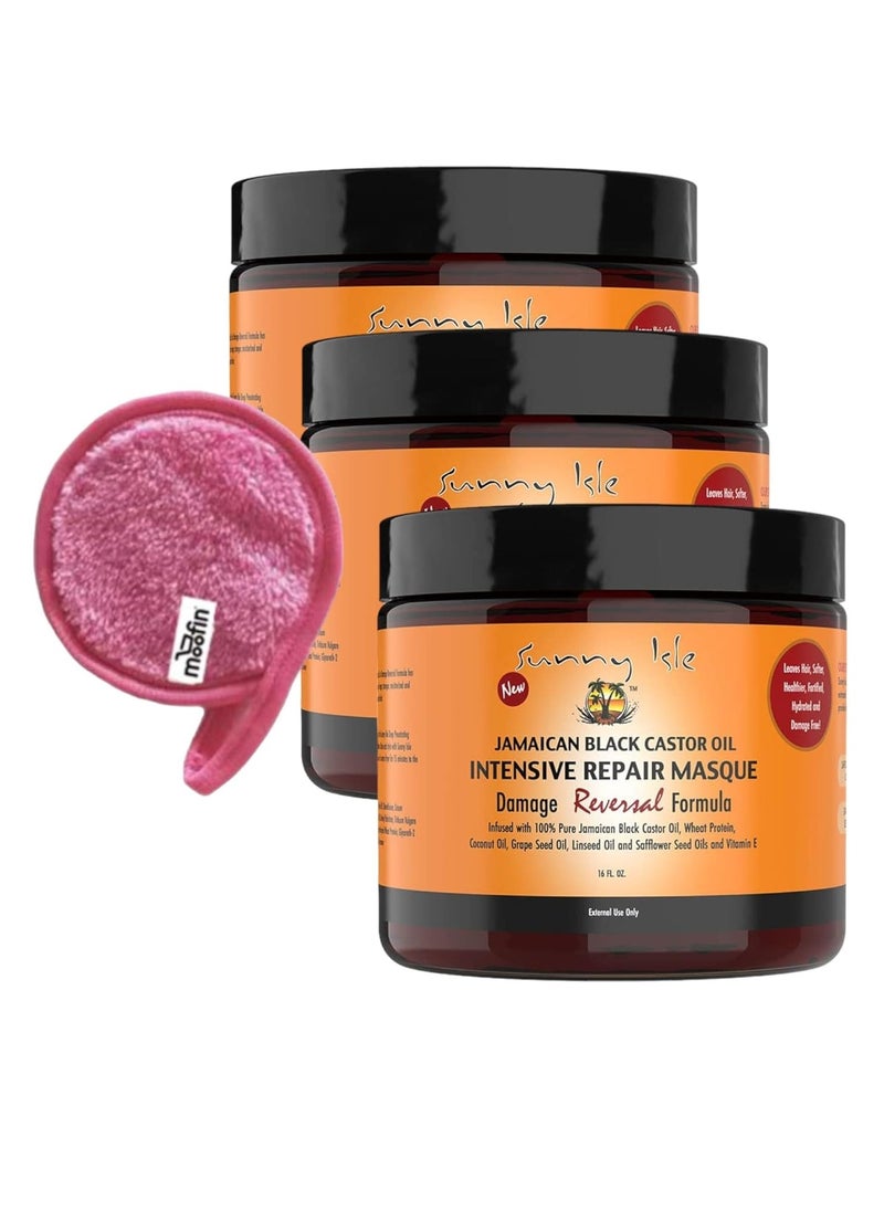 Black Jamaican Castor Oil Intensive Repair Masque, Jamican Castor Oil, Includes Makeup Cleansing Cloth, Hydrates Dry Damaged Hair, Home Salon Experience [3-Pack]