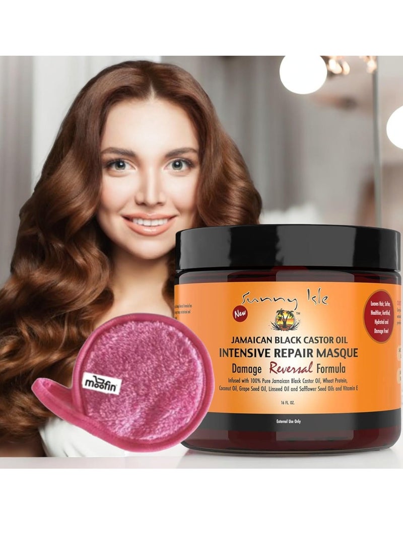 Black Jamaican Castor Oil Intensive Repair Masque, Jamican Castor Oil, Includes Makeup Cleansing Cloth, Hydrates Dry Damaged Hair, Home Salon Experience [3-Pack]