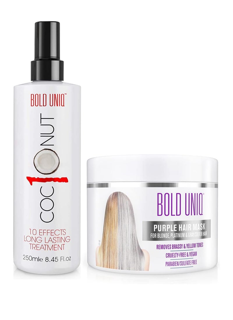 BOLD UNIQ Purple Hair Mask For Blonde, Platinum, Bleached, Silver, Gray, Ash and Brassy Hair & Coconut Heat Protectant Spray - Remove Yellow Tones and Protect Hair from Thermal Heat Up To 450℉