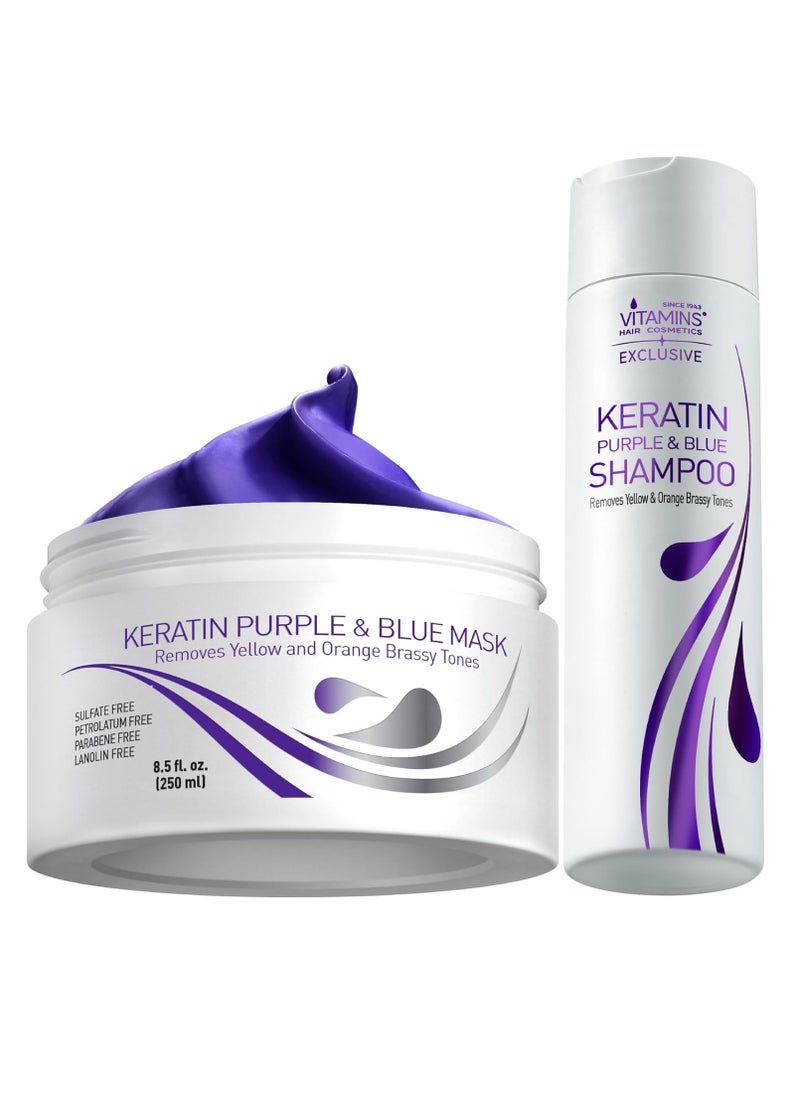 Vitamins Keratin Purple Blue Hair Mask and Shampoo Kit - Conditioner Anti Brassiness Toner and Violet Blue Shampoo Set for Bleached Blonde Platinum Silver White Gray Dry Damaged Hair