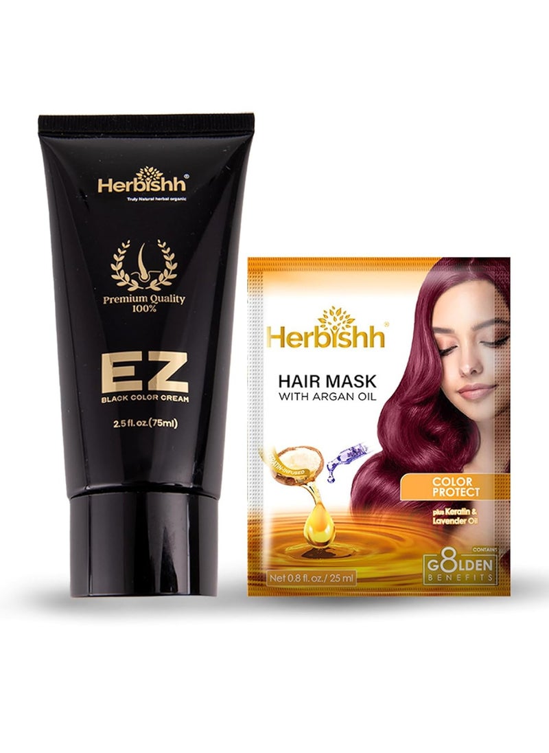 Herbishh Argan Hair Mask-Deep Conditioning & Hydration For Healthier Looking Hair-25gm + Hair Color Cream for Gray Hair Coverage