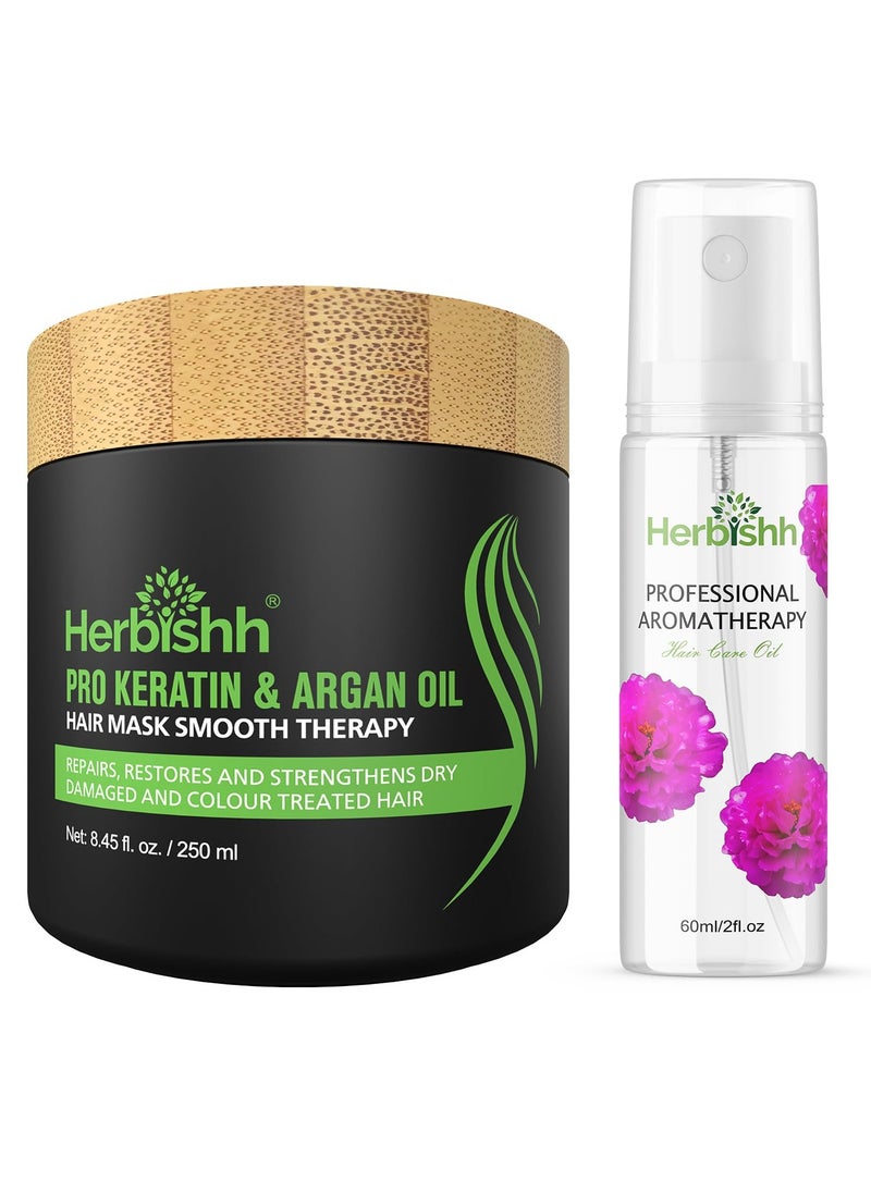 Herbishh H2 Combo (Condition + Hair Growth) Pro Keratin Hair Mask 250 gm and Essential Flower Hair Oil 60ml for Men & Women | Combo for Dry & Weak Hair