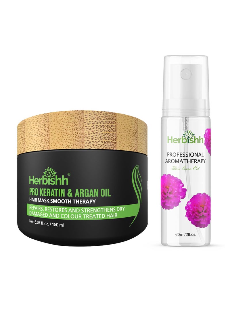 Herbishh H2 Combo (Condition + Hair Growth) Pro Keratin Hair Mask 150 gm and Essential Flower Hair Oil 60ml for Men & Women | Combo for Dry & Weak Hair